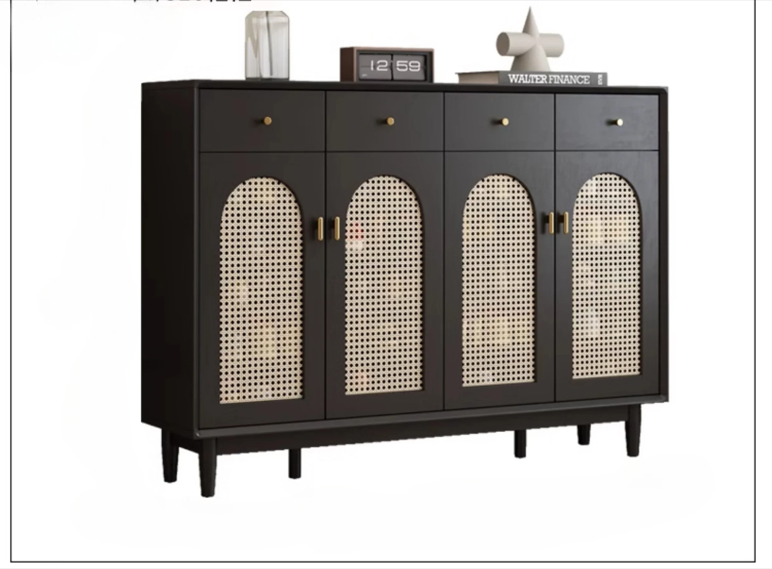 French retro rattan shoe cabinet household door solid wood frame entrance entrance storage integrated storage wall large