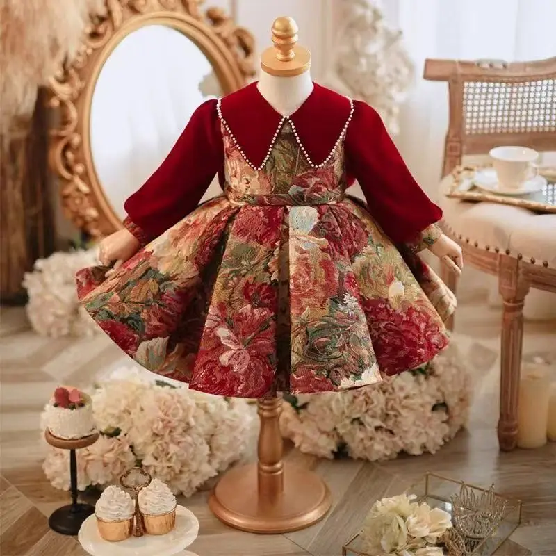 Girls' Red New Style Long Sleeve Flower Girl Wedding Dress High-End Velvet Print Baby Dress for One Year Old Princess Dress