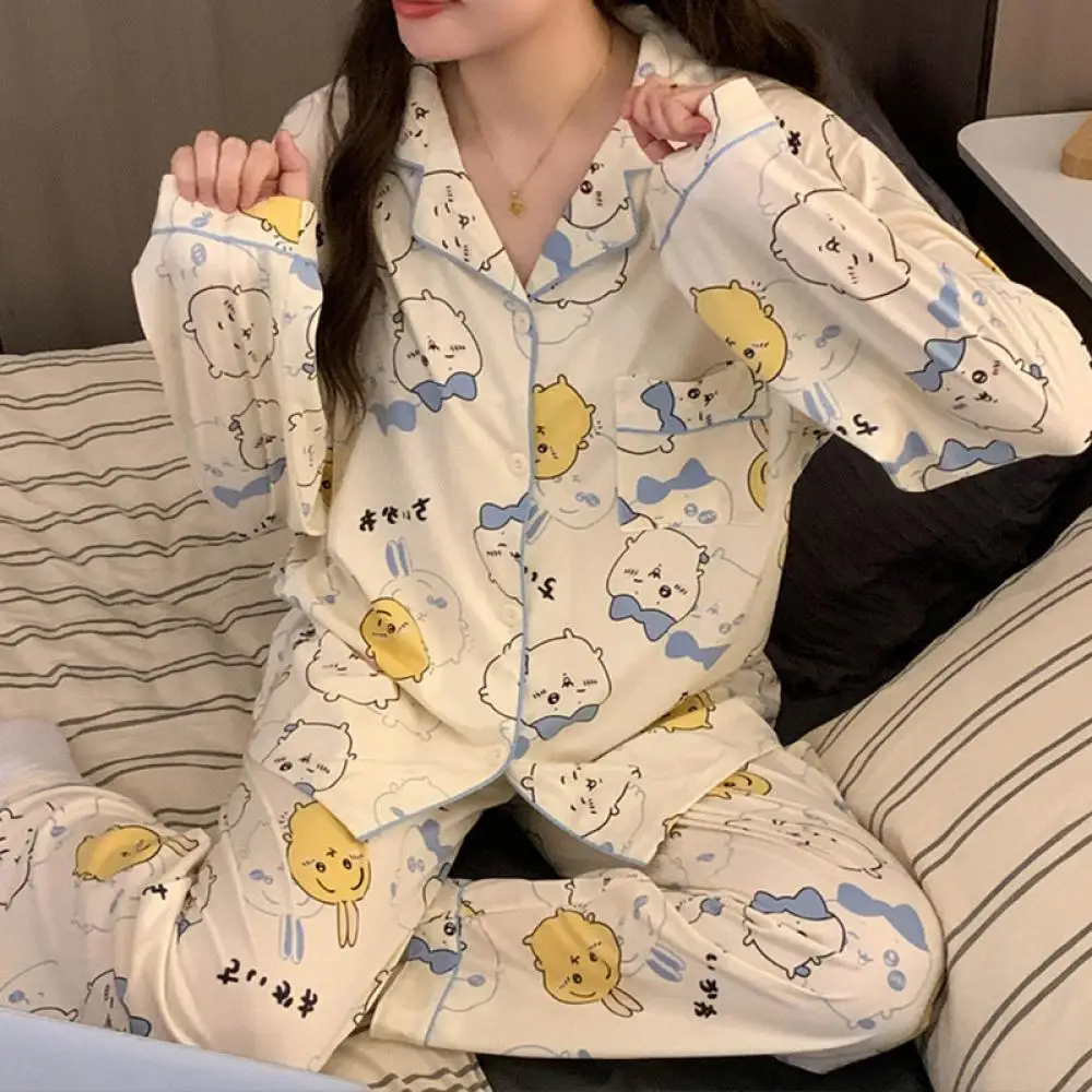 Traje de pijama Kawaii para mujer Chiikawa dibujos animados Usagi algodón otoño Casual niñas ropa de casa Anime lindo pantalones de manga larga ropa de dormir