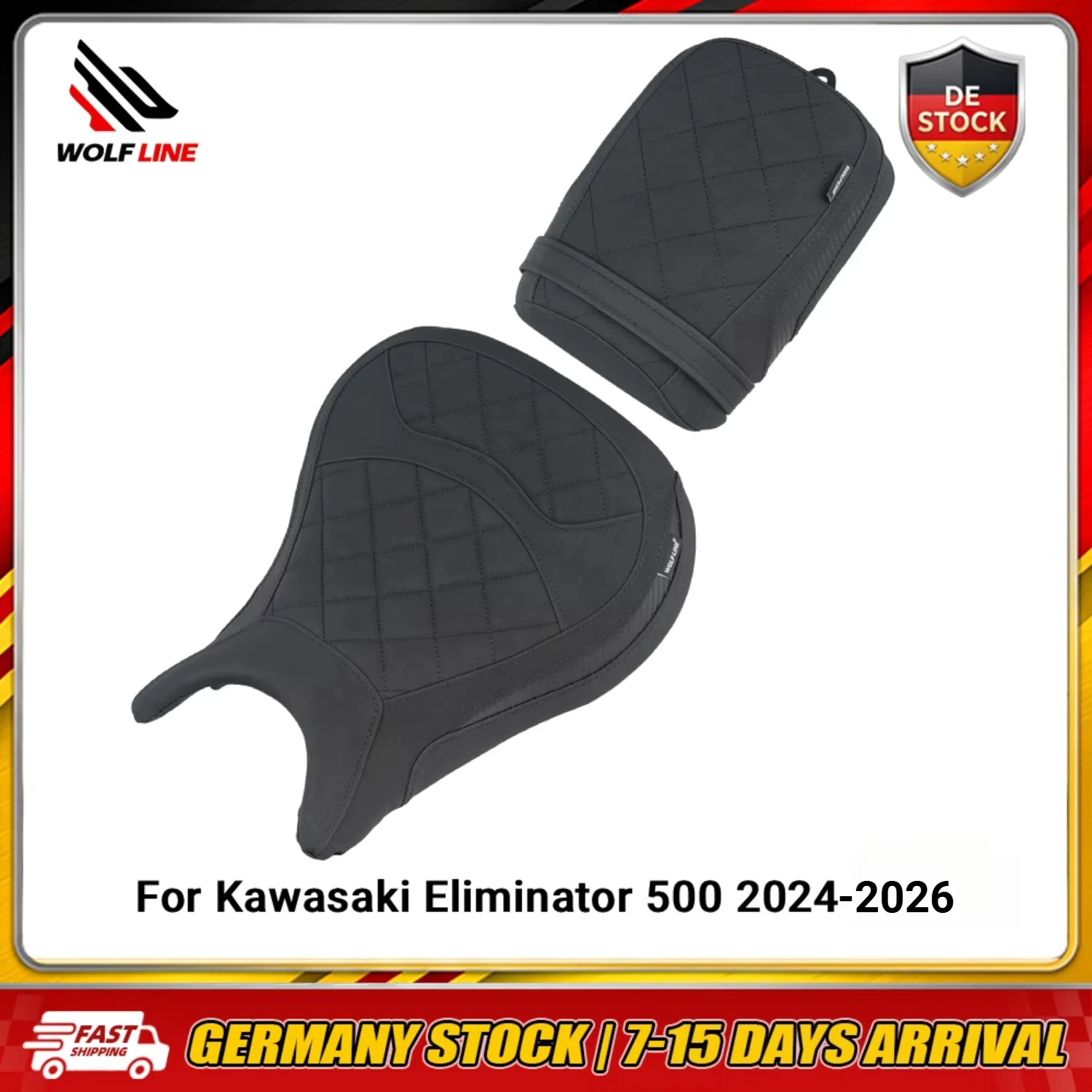 WOLFLINE Fahrer- und Beifahrer-Doppelsitz für Kawasaki Eliminator 500 2024-2026, 20mm Tieferlegung, 2-Up Vorder- und Rücksitzkissen für Komfort
