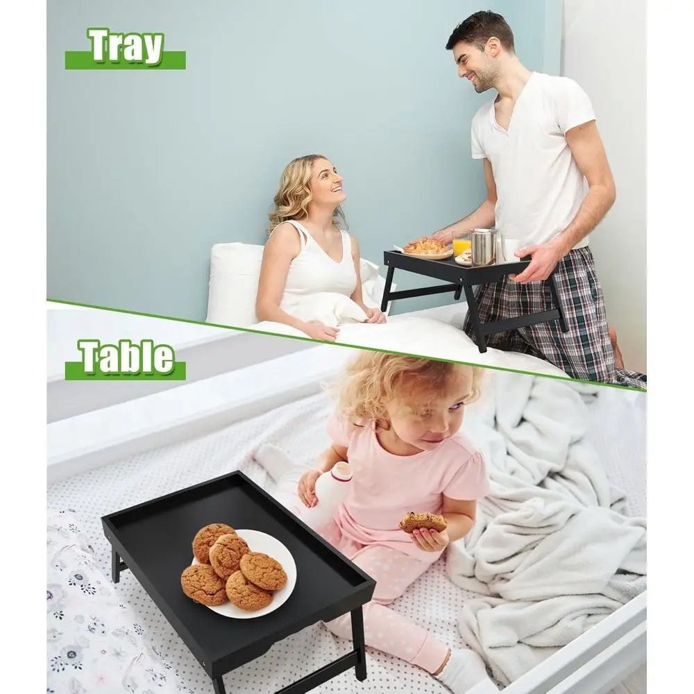 طاولة صينية سرير قابلة للطي من الخيزران، 4 عبوات من صواني تقديم سوداء للإفطار والوجبات الخفيفة واستخدام الكمبيوتر المحمول