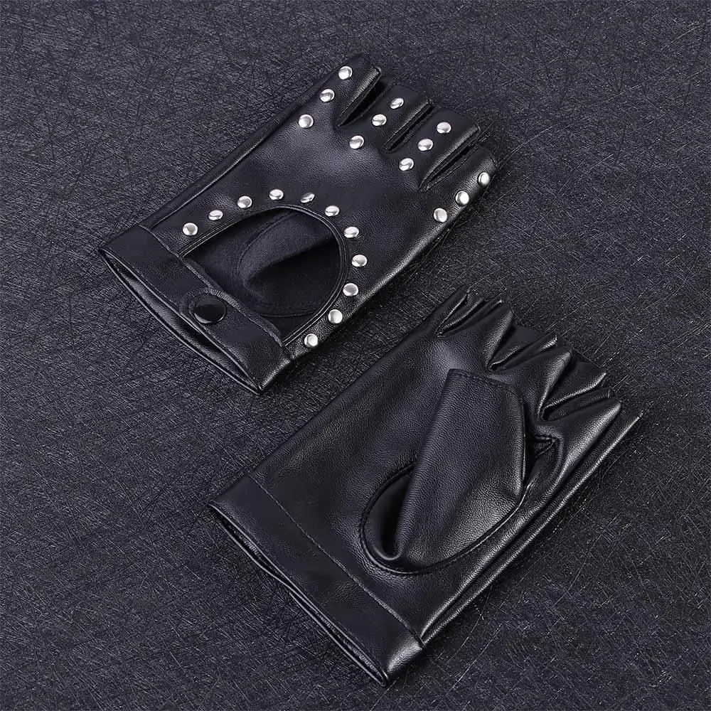 1 Pair Halloween Black Pu Leather Fingerless Gloves Female Half Finger Driving Women Fashion Punk Gloves Dance Rivets Gloves