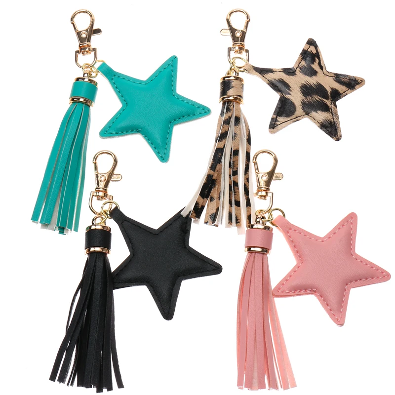 Fashion PU leather Tassel Key Chain for Women Girl Star Pendant Lobster Clasp Key Rings Bag Accessories