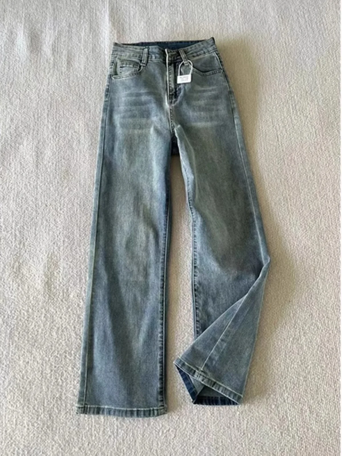 

Американские ретро-джинсы синего цвета прямого кроя для мужчин, в стиле High Street, облегающие, слегка расклешенные, с эффектом потертости, модель «Нож»