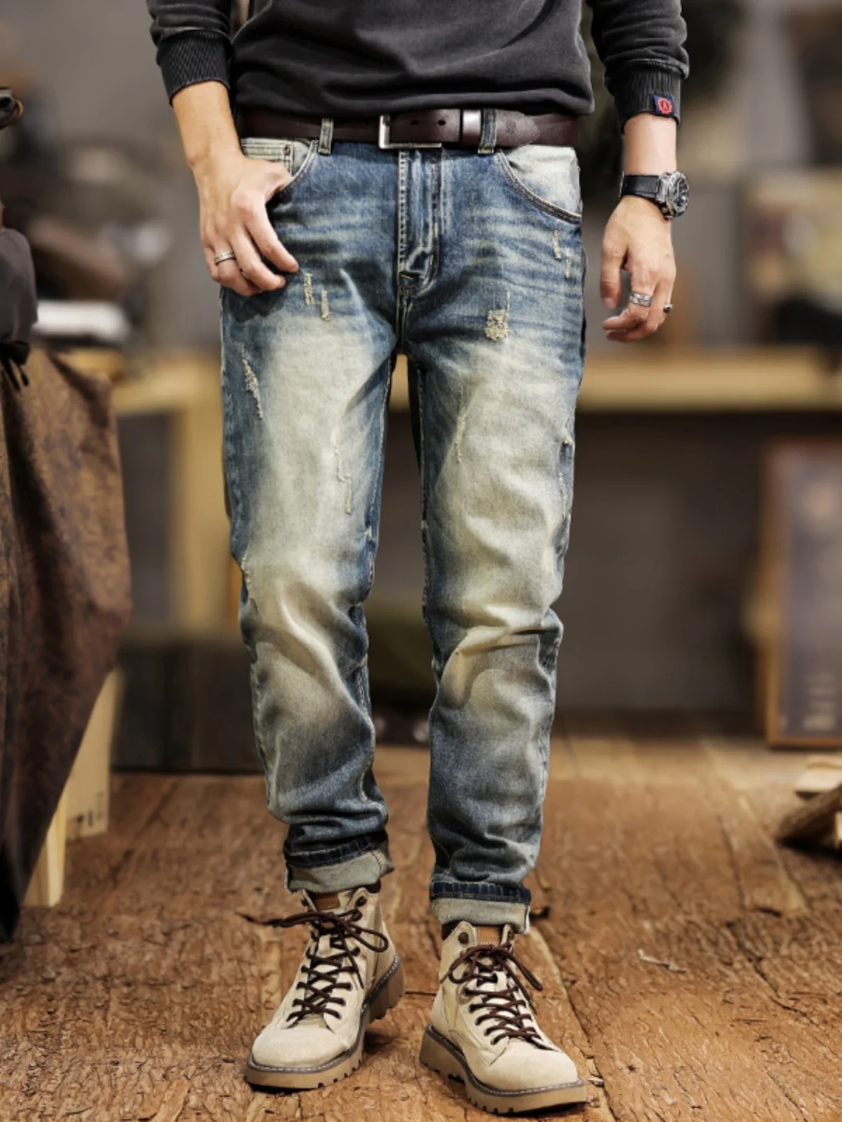 

Retro Waed Men's Jeans Casual Loose Straight Leg Long Trousers Autumn Winter Sle Wear Resistant Cotton Stretch Denim