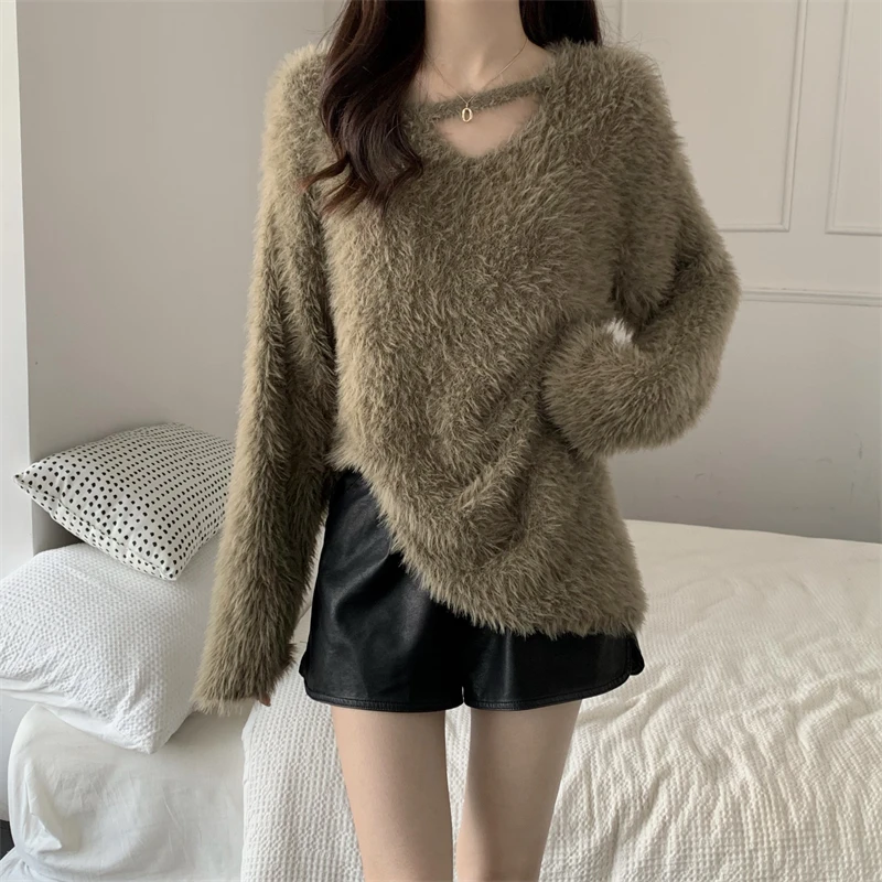 

Slimming V-Ne Knitwear Loose Fit Overhead Women's Faion Autumn Winter Polyester Fiber Long Sve Color Woolen Sweater