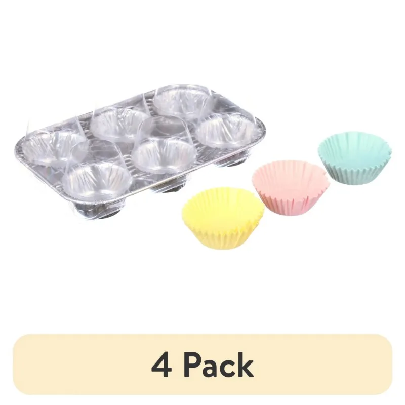 

(4 Pack) Aluminum Muffin Pan with Lid and 24 Baking Cups, 9.6 x 6.3 inches, 4 Count, Baking Pans Made of Aluminum