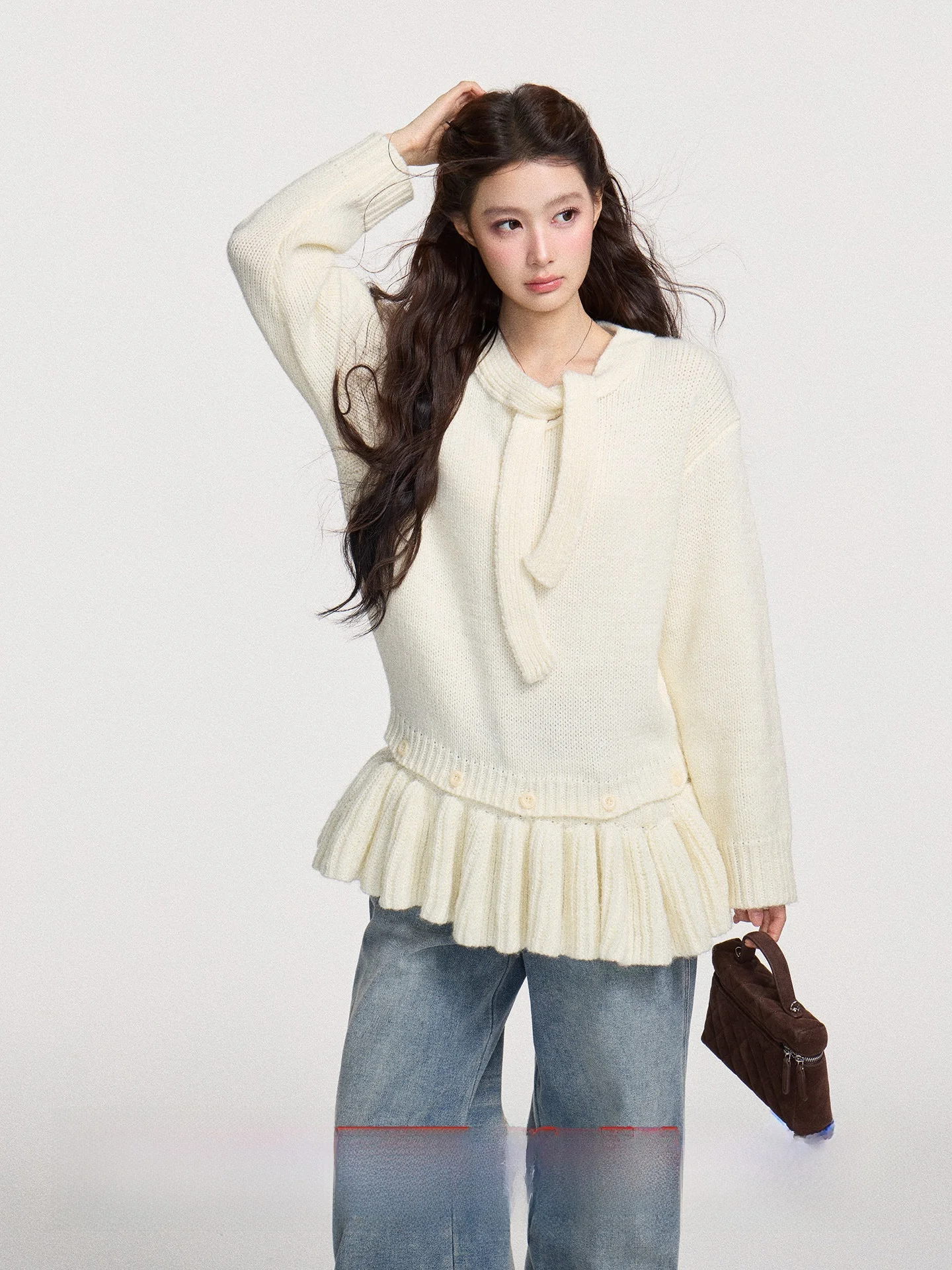

Loose Women's Woolen Sweater with Lace-Up Design Winter Lazy Splicing Sense Overhead irt Exquisite Faionable Casual Wear