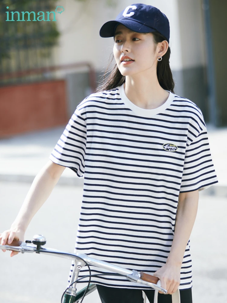 INMAN Summer Women\'s T-shirt Short Sleeve Woman Clothes Stripe Casual Top Women Round Collar Fashion Woman Blouses Ropa Mujer