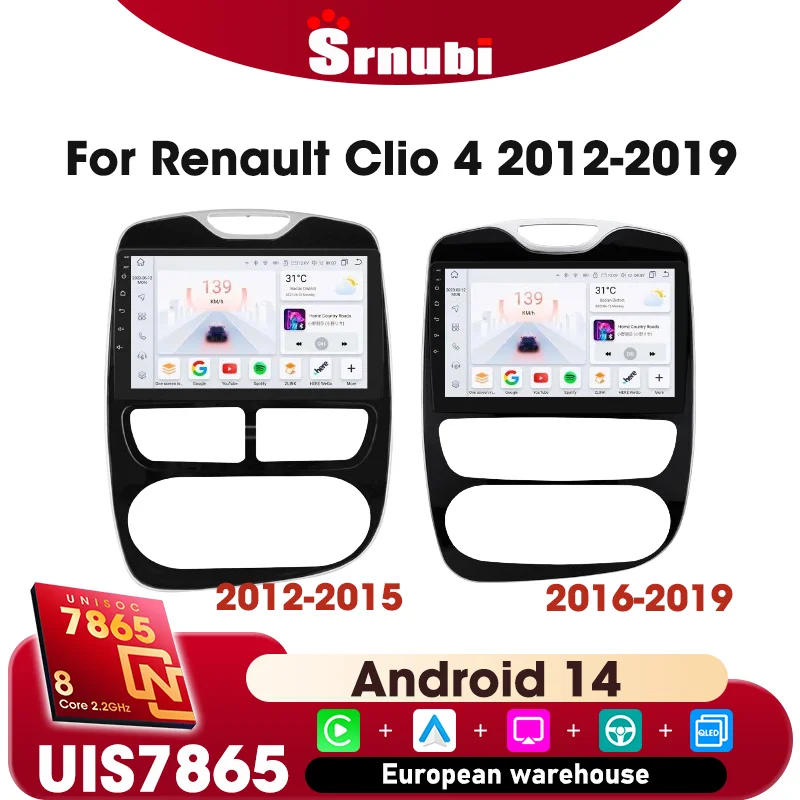 Srnubi 2 Din autoradio stéréo lecteur multimédia pour Renault Clio IV 2012-2019, écran d'affichage, prise en charge du Carplay sans fil, Android Auto, navigation GPS, FM AM, bouton lumineux, WIFI 4G