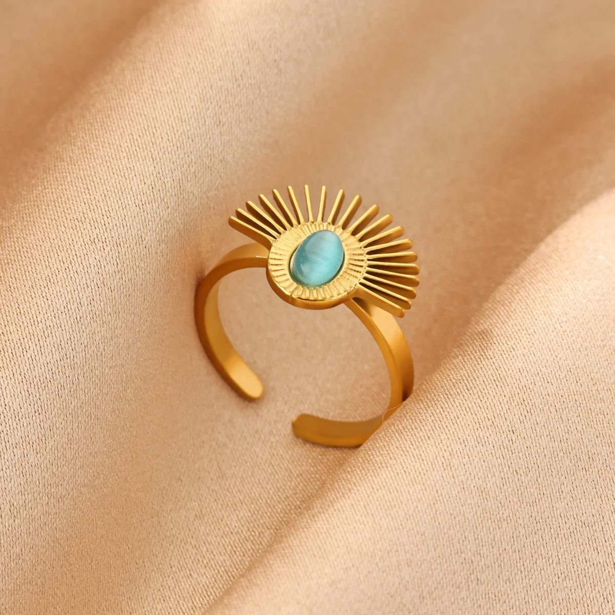 Vintage Ovale Blaue Opal-Sonnenschliff-Ringe für Frauen, Goldfarben, Edelstahl, Verstellbarer Ring, Hochzeit, Party, Ästhetischer Schmuck, Geschenk