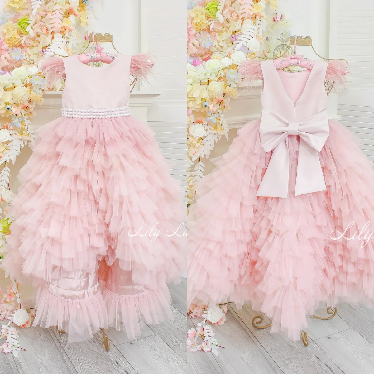 

Pink Feather Flower Girl Dresses Pearls Ruffles Children Birthday Party Gowns Kids Wedding Guests Dresses