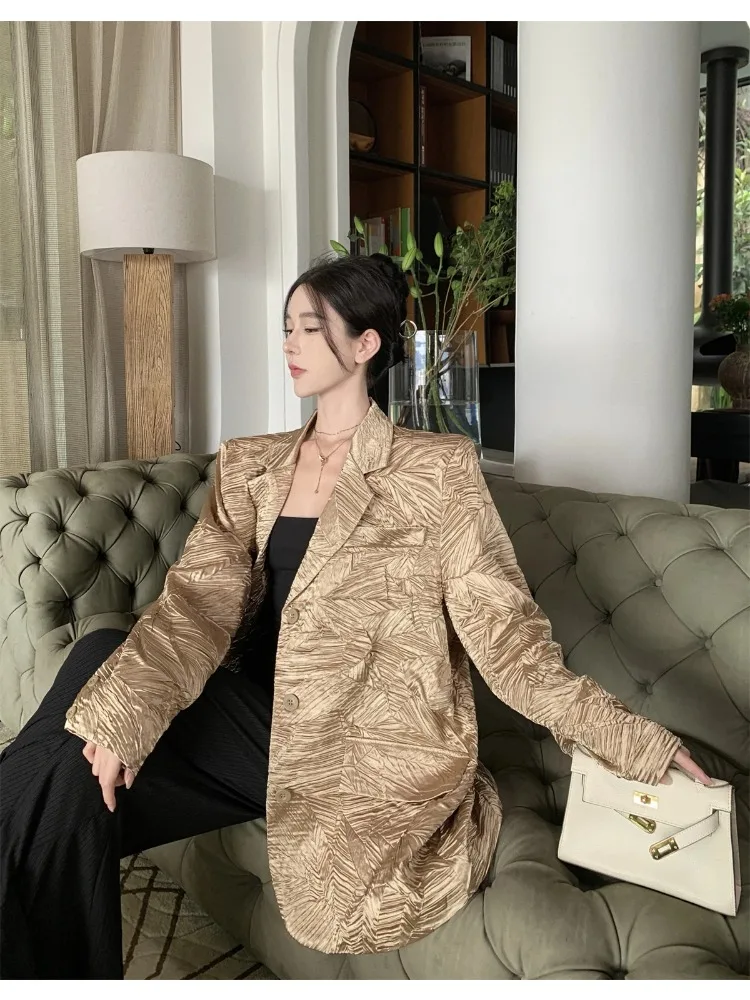 

Insozkdg High-end Women Suit Jacket Autumn Winter All-match Loose Design Metallic Suit Mid-length Coat Single-breasted Blazer