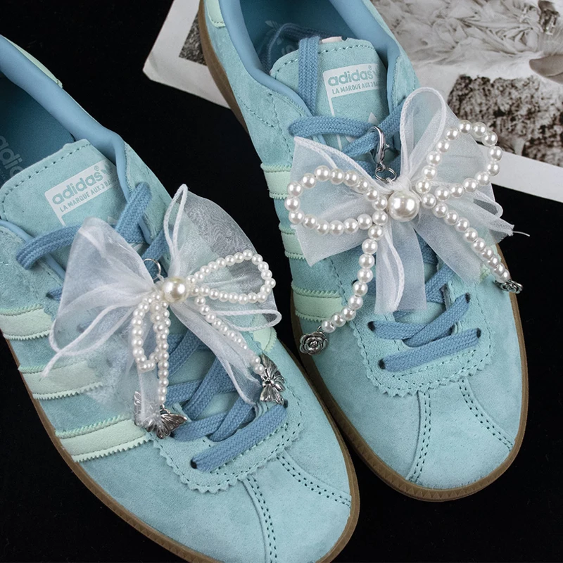 

fashion Shoe laces Charms Sneakers Decorative Silk ribbon Pearl Bow Shoe Charm Accessories Metal pendant Shoe Decorations