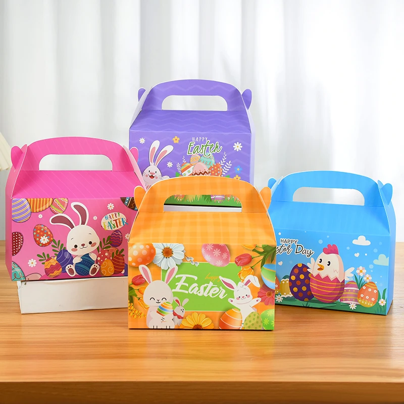 

5Pcs Happy Easter Portable Handle Paper Gift Cake Box Cartoon Bunny Dessert Chocolate Cookie Packaging Boxes Kids Party Favors