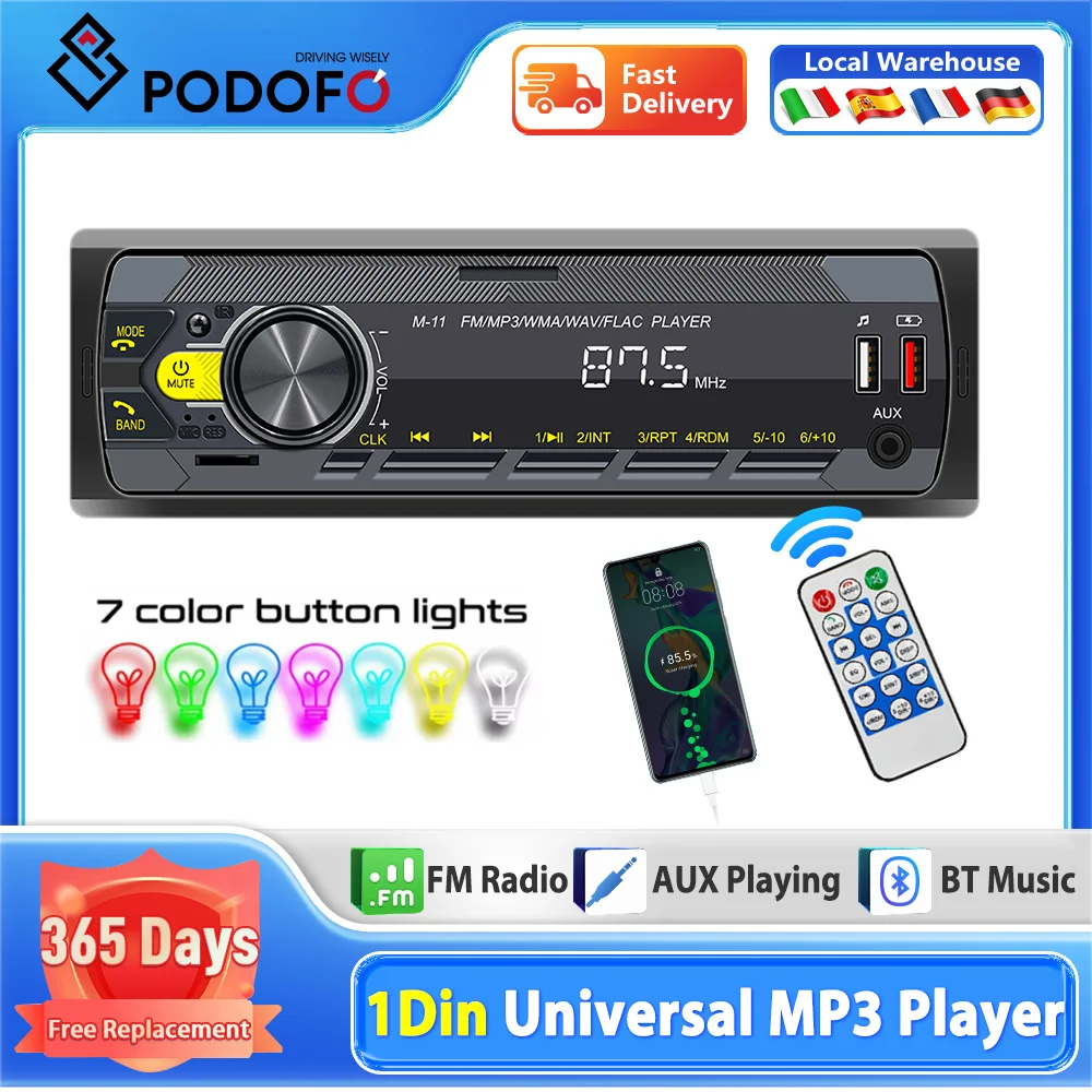 Podofo Car Radio 1din Bluetooth Autoradio MP3 Player USB Stereo Receiver Audio USB/SD/AUX-IN 12V Autoradio With Voice Assistant