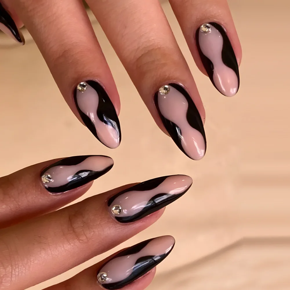 2026 New Minimalist Black Line False Nail Stickers with Glass Rhinestones