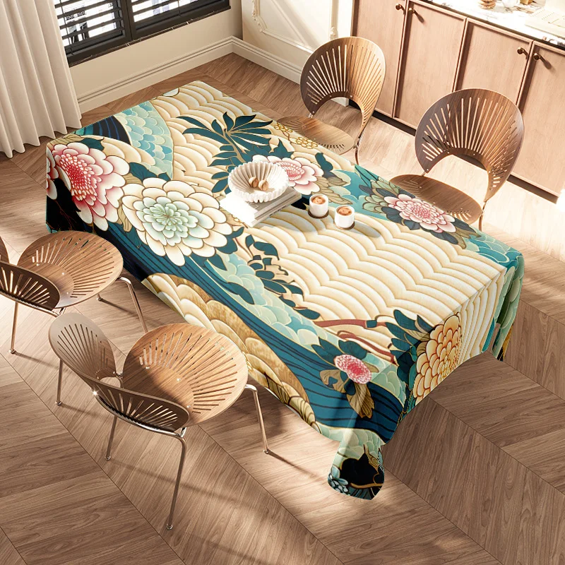 Oriental Elegance: Deep Blue Background with Gold Fan and Floral Pattern Tablecloth for a Sophisticated Dining Space