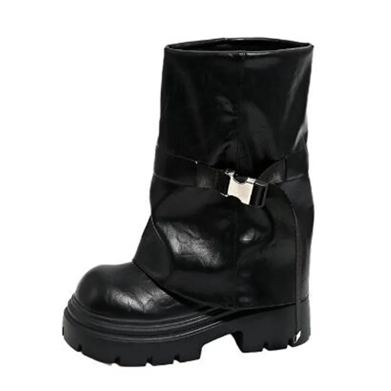 جديد امرأة الأحذية الركبة عالية منصة حذاء بكعب سميك الاتجاه الشرير القوطية روك الجلود موضة أحذية نسائية دراجة نارية الأحذية الأحذية #2