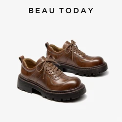 BEAUTODAY Rerto Oxfords Women Genuine Calfskin Leather Waxing Round Toe Drss Flats Ladies Casual Shoes Handmade 21997