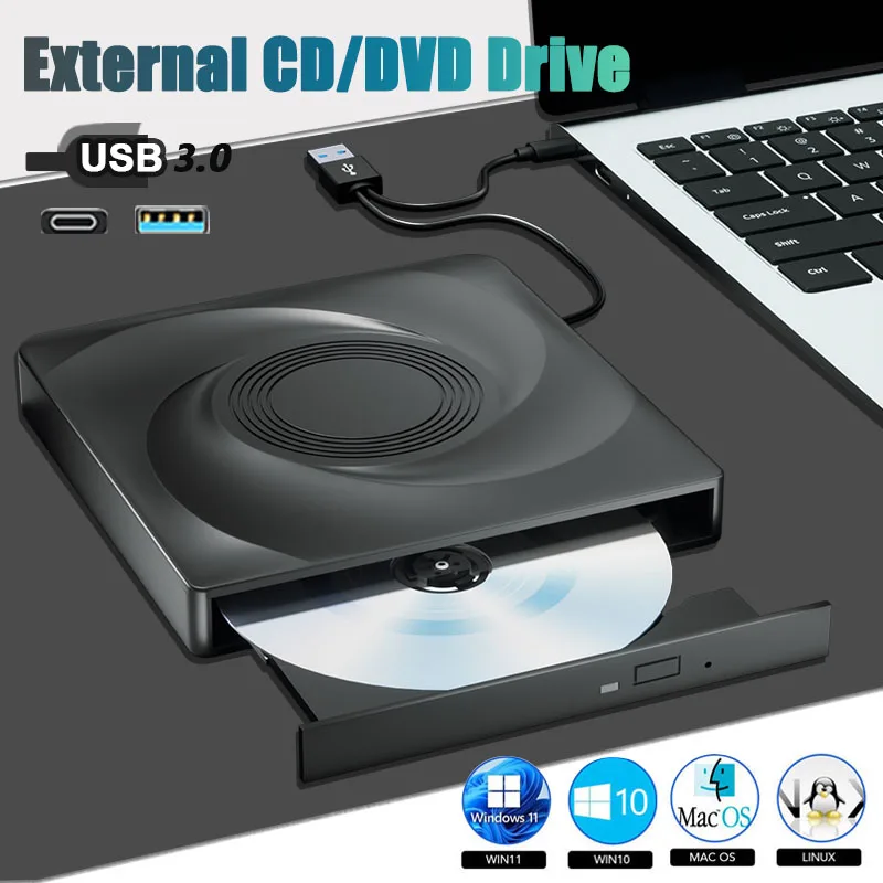 USB3.0 Type C External CD DVD RW Optical Drive DVD/VCD/CD Burner Portable Player Writer for Laptop Desktop PC Windows 11 10