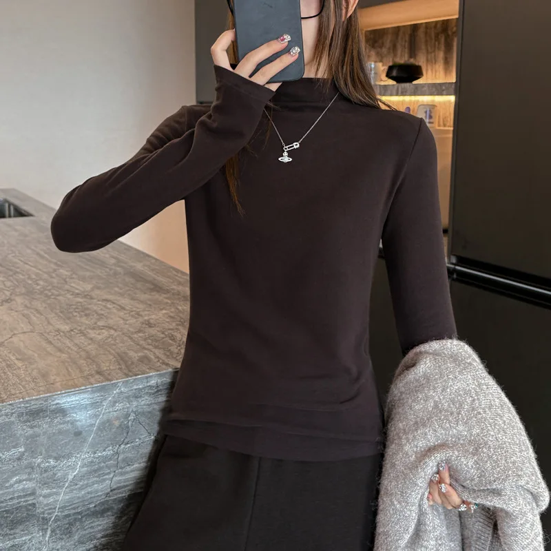 Women Solid Color Mock Neck Dralon Thick Long Sleeve T Shirt Warm Inner Outer Wear Basic Top