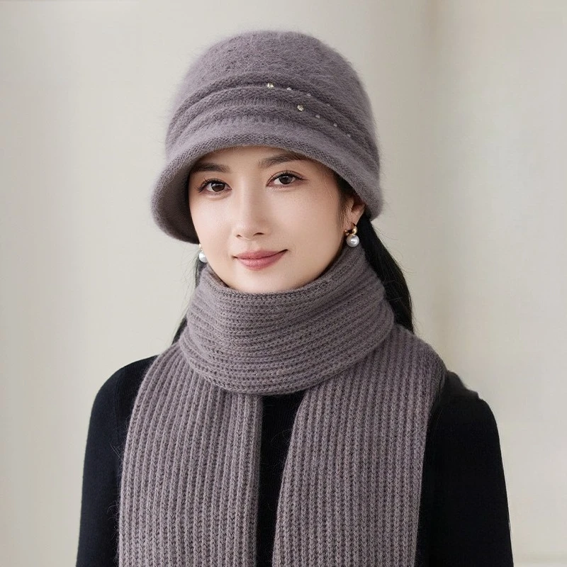 Autumn and Winter New Rabbit Fur Blended Knitted Hat Versatile Women's Warm Thickened Ear Protection Neck Wool Hat Scarf Set