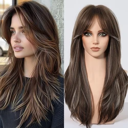Synthetic Wigs Medium Layered Wavy Hair Brown Mixed Blonde Wigs for White Women Daily Party Cool Heat Resistant Wigs Breathable