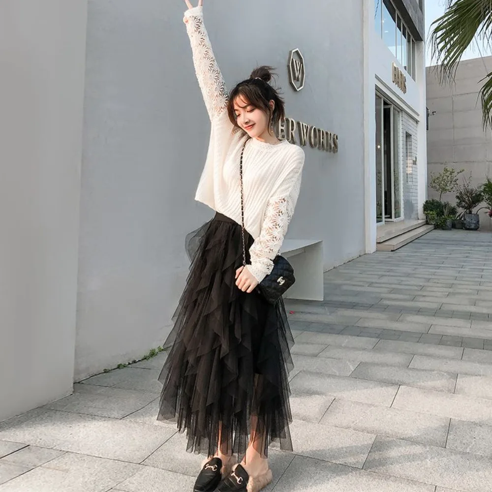 Women irregular Tulle Skirts Fashion Elastic High Waist Mesh Tutu Skirt Pleated Long Skirts Midi Skirt Saias Faldas Jupe Femmle