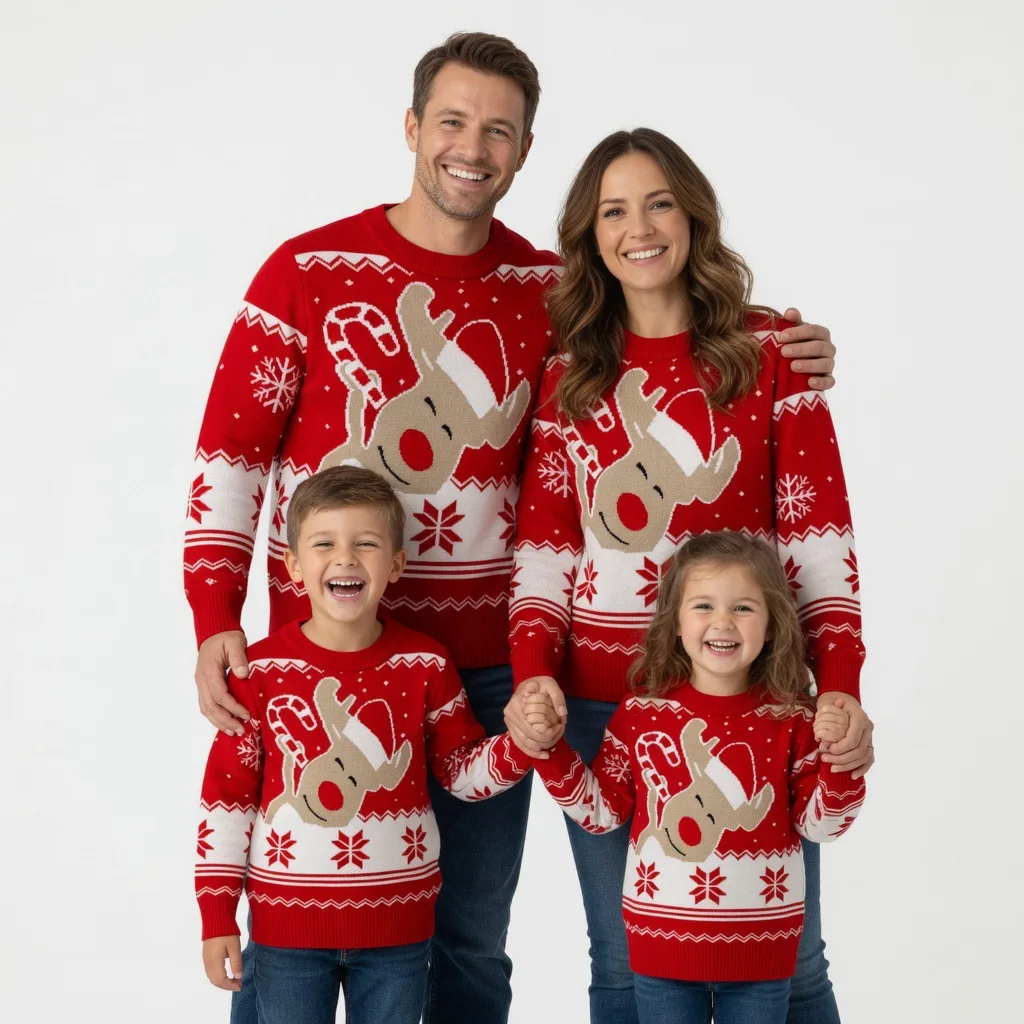 New Family Knitted Wool Sweater for Dad Mom Daughter Son Christmas Elk Party Clothing Adult Kids Cartoon Print Pullover Tops
