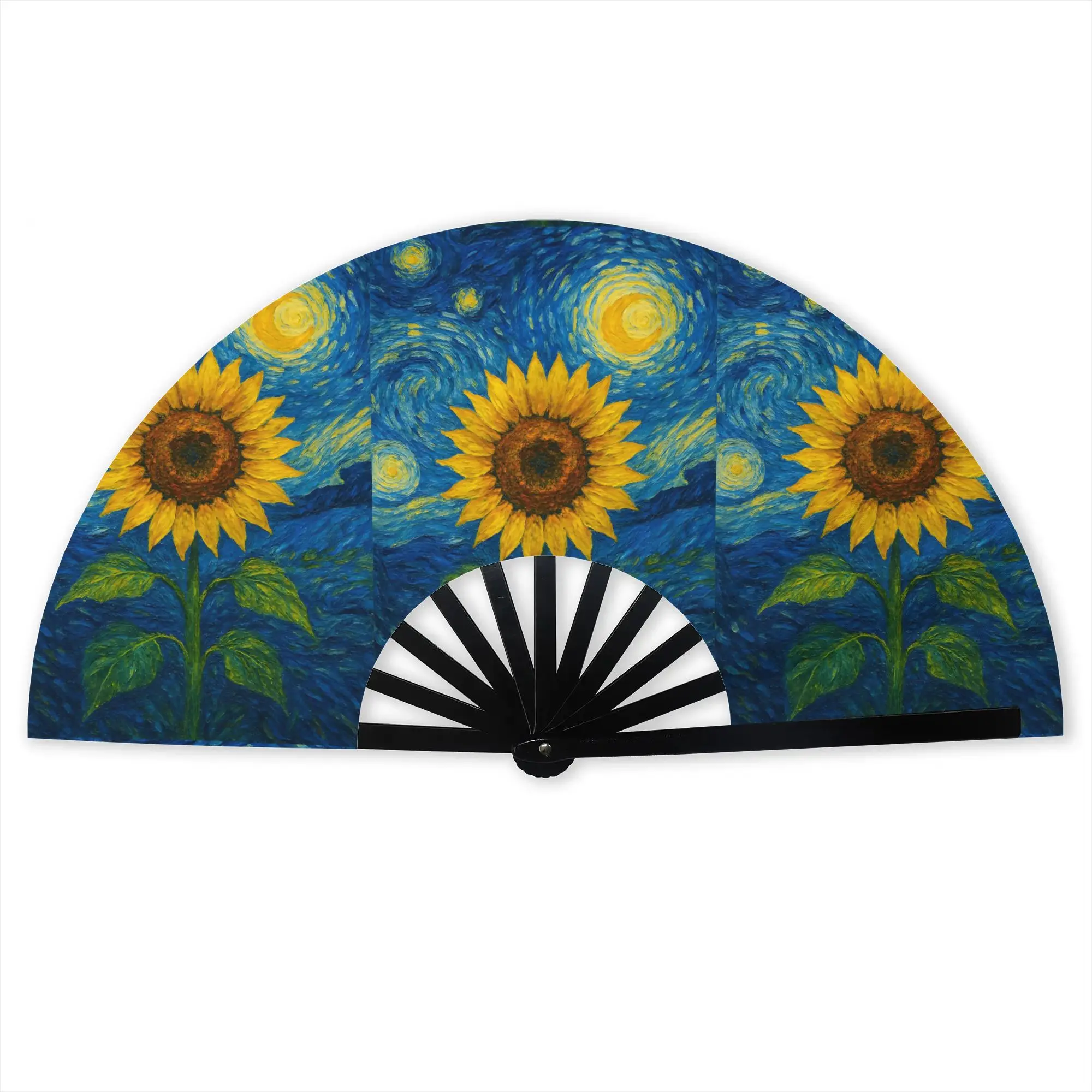 Starry Night Sunflower  Stylish Hand Fan Unisex Van Gogh Impressionist  Printed Polyester Fan Vintage For Dancing Gift