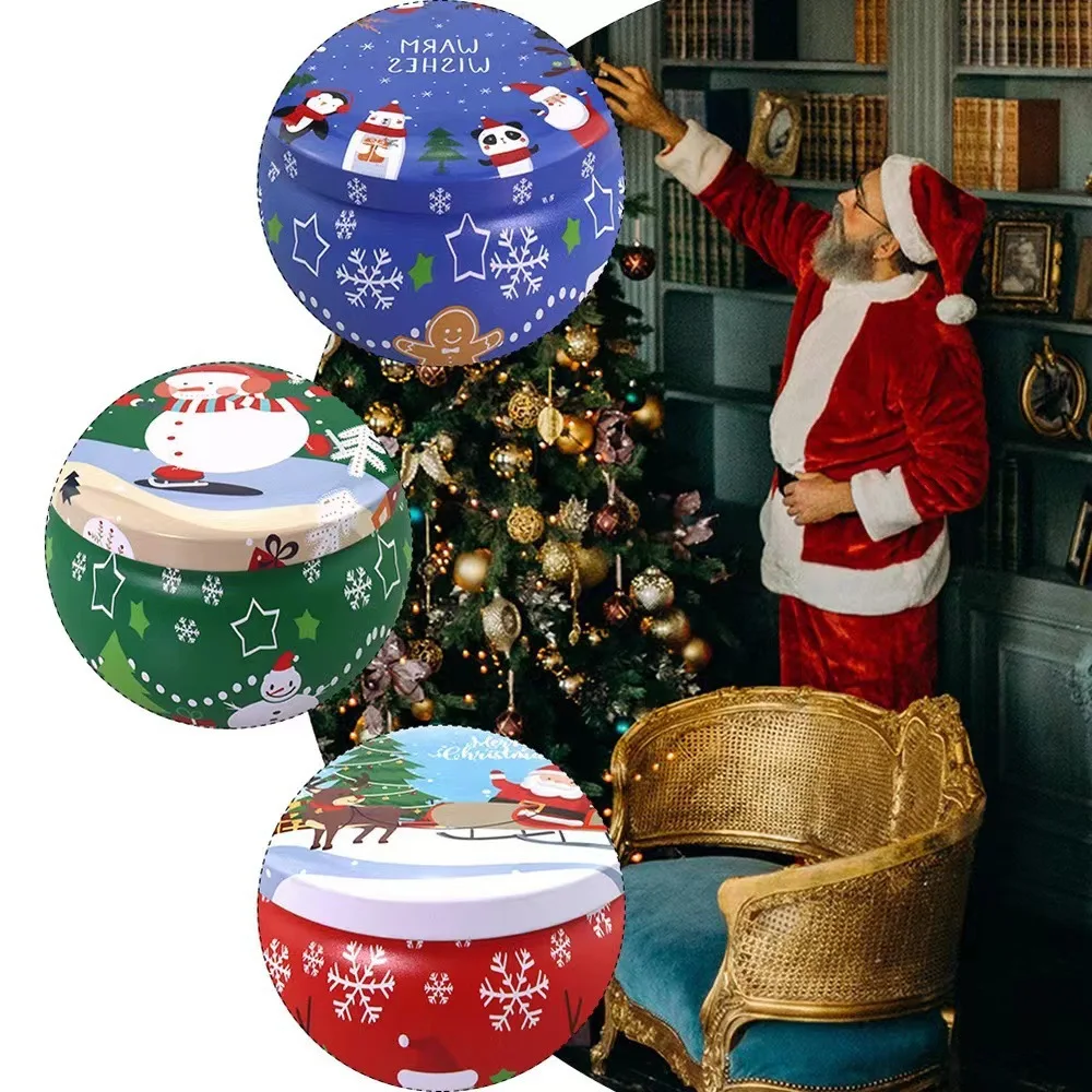 Christmas Scented Candle Jar With Hand Gift Box Candy Flower Tea Tinplate Box Round Drum Shaped Metal Tin Can