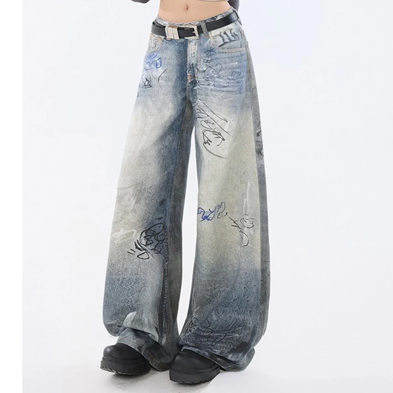 

Женские винтажные синие джинсы с принтом граффити Y2k, американская мода, эстетические уличные брюки 2000-х годов с высокой талией, свободные широкие брюки в пол