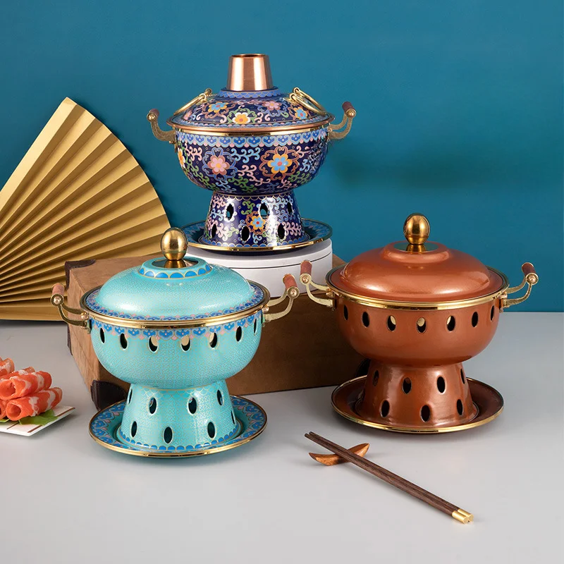 Cloisonne copper hot pot old Beijing pure copper household and commercial special plug-in one person one pot alcohol