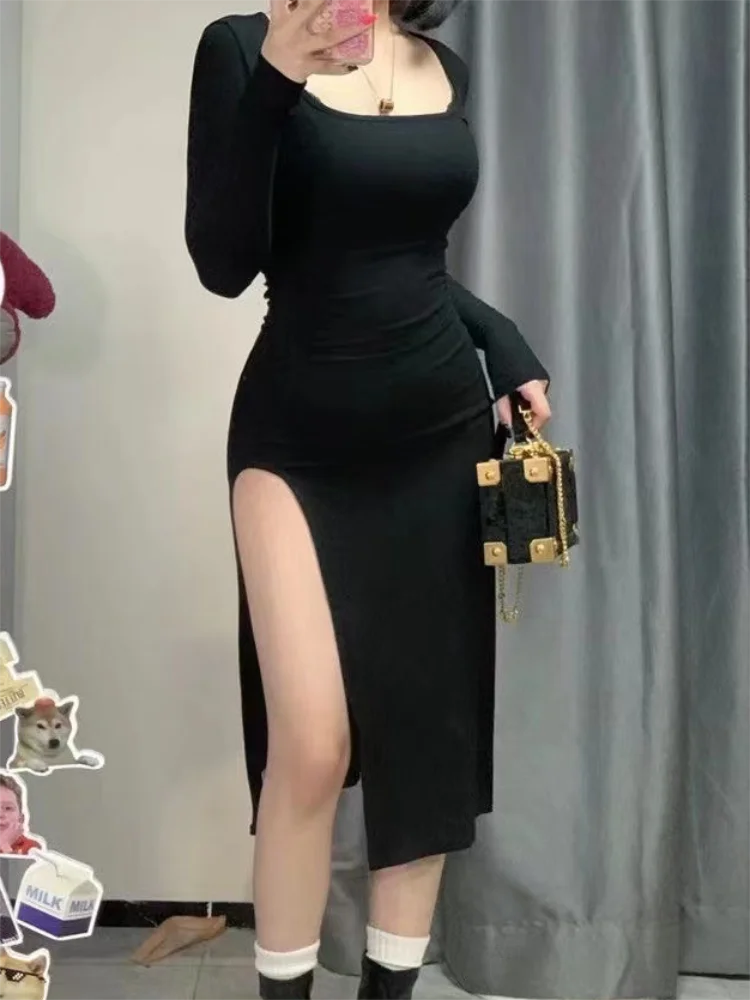 Geribbelde effen lange mouw vierkante hals halflange jurk sexy zijsplit avondfeest elegante vestido damesjurken bodycon