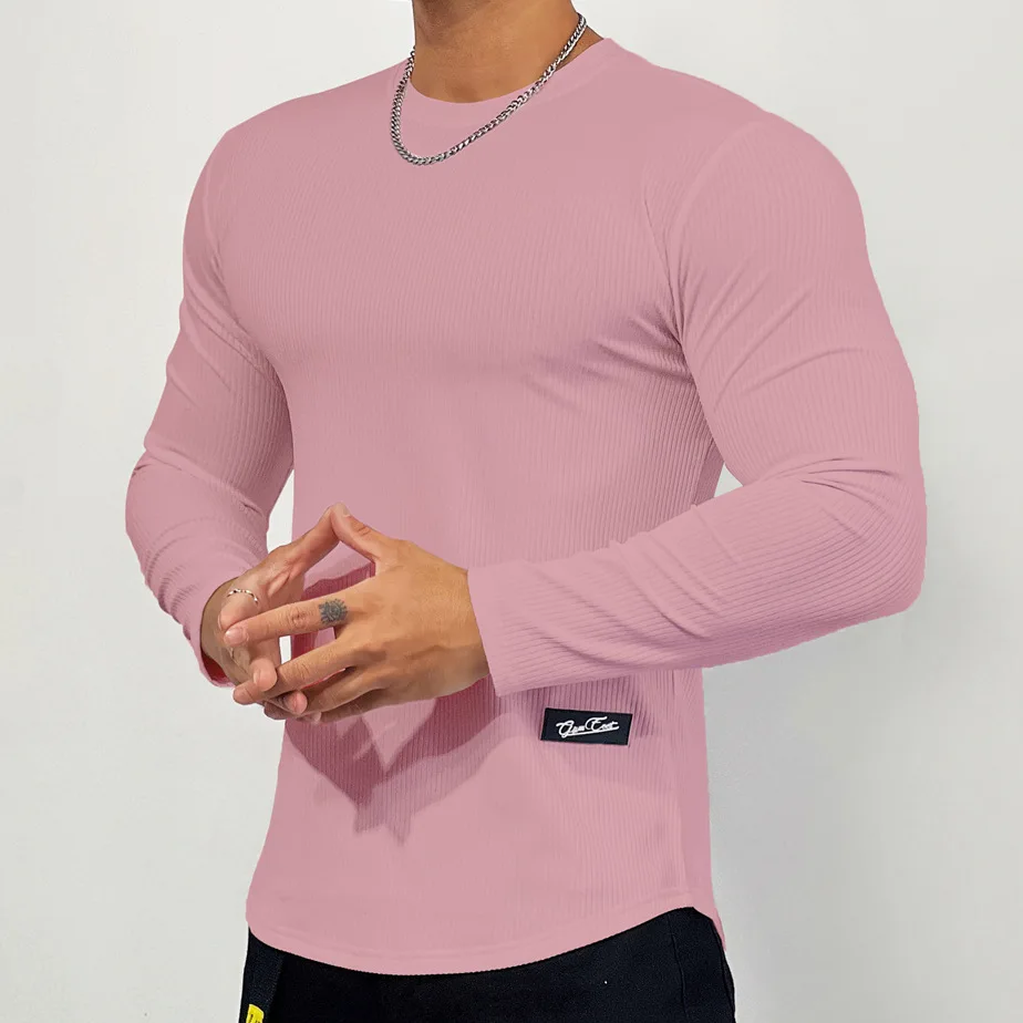 Autumn Winter Casual T-shirt Men Long Sleeves Solid Shirt Gym Fitness Bodybuilding Tees Tops Male Fashion Slim Stripes Clothing