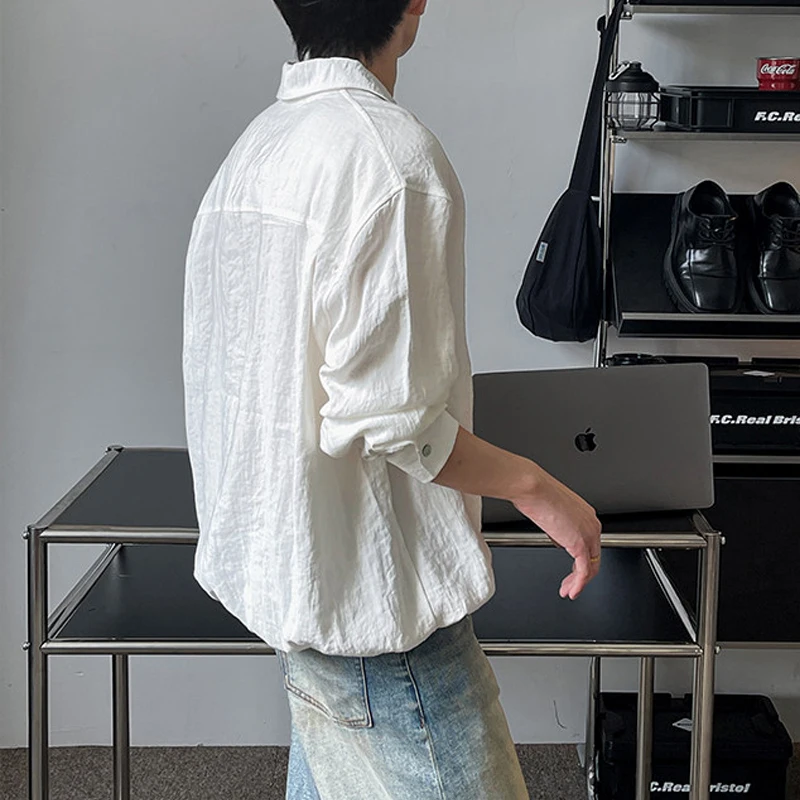 Men's Oversized Pullover Shirt – Vintage Washed Cotton Long Sleeve Top with Pocket, Korean Streetwear Style for Autumn