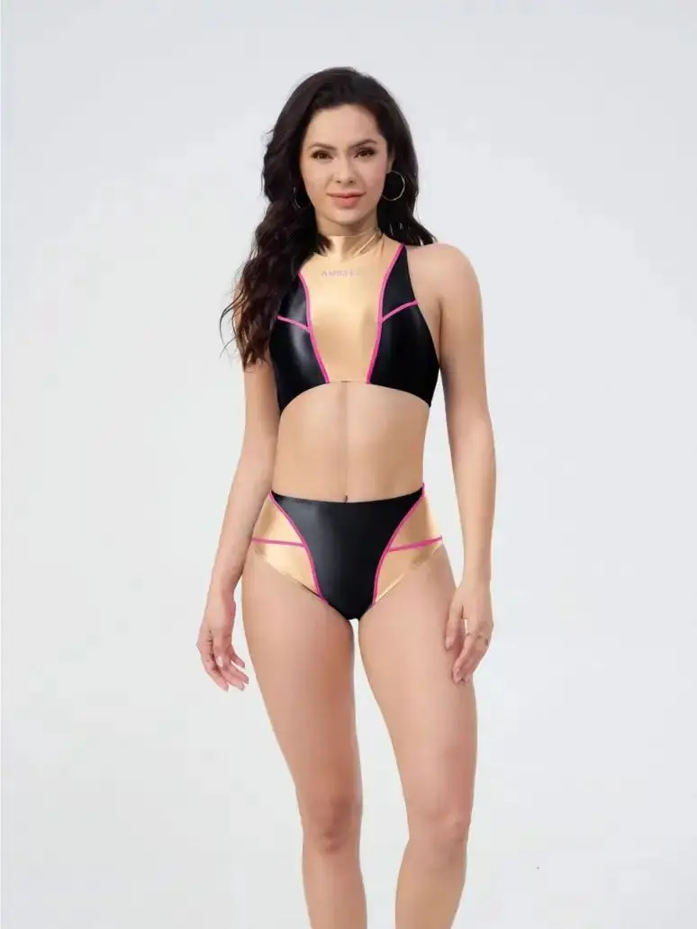 know dream  Two-piece Swimsuit Backless Sports Bra Set Women Sexy Tights Glossy Shiny Backless Swimwear One Piece swimsuit