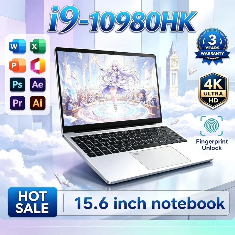 15.6 Inch Robust Laptop Intel Core I9‑10980HK 16GB RAM 1TB/2TB SSD Fingerprint Unlock Windows 11 Gaming Notebook