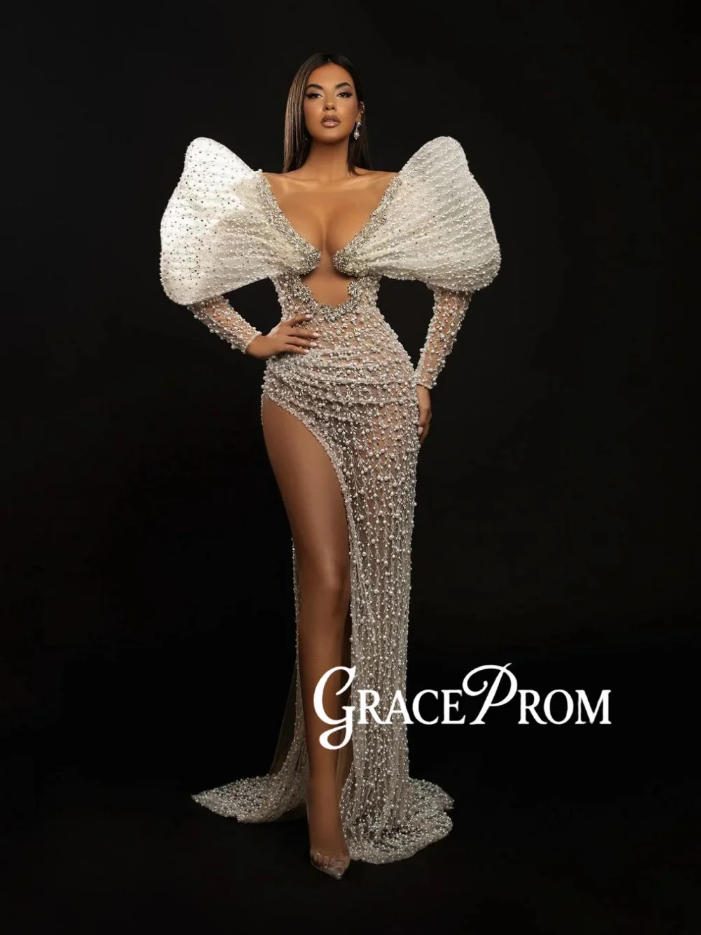 

Special Luxury Pearls Long Evening Dress Sexy Illusion High Slit Wedding Party Gown New Customized Glamorous Red Carpet Gowns