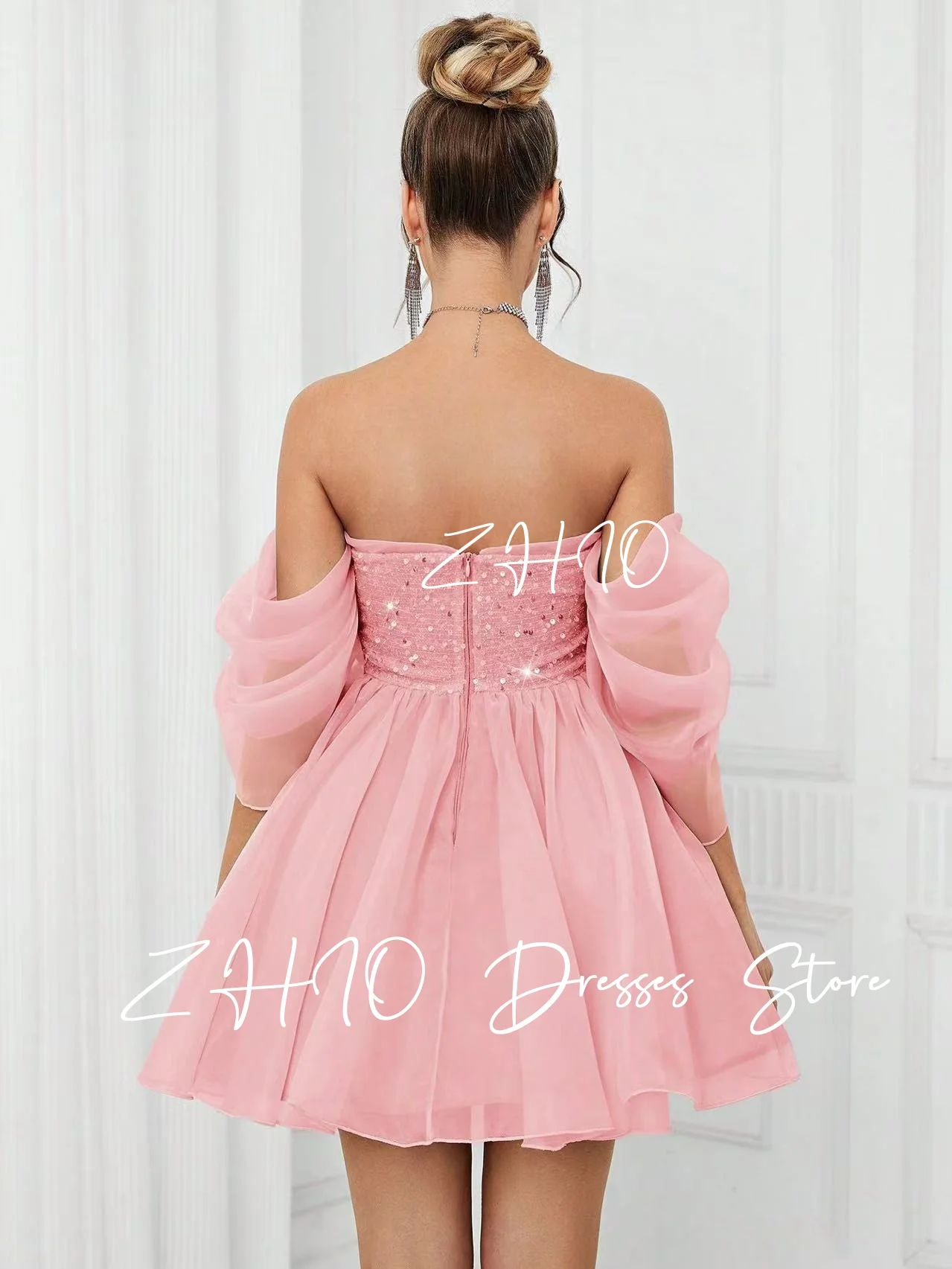 ZHIO princesa lentejuelas Rosa Mini vestido de fiesta de boda fuera del hombro drapeado Organza corto ocasión especial vestido de graduación personalizado
