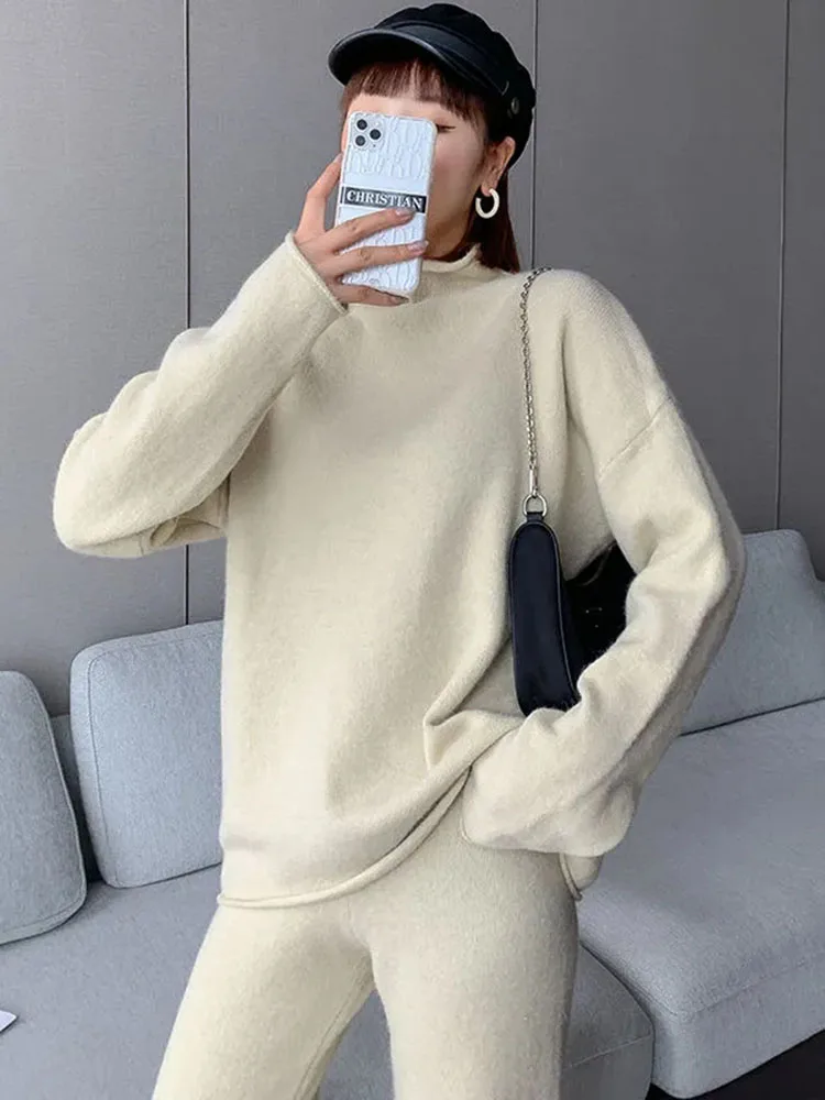 Spring Fall 2 Piece Sets Half High Collar Soft Pullovers Ensemble High Waist Wide Leg Pant Suits Knit Solid Color Conjuntos