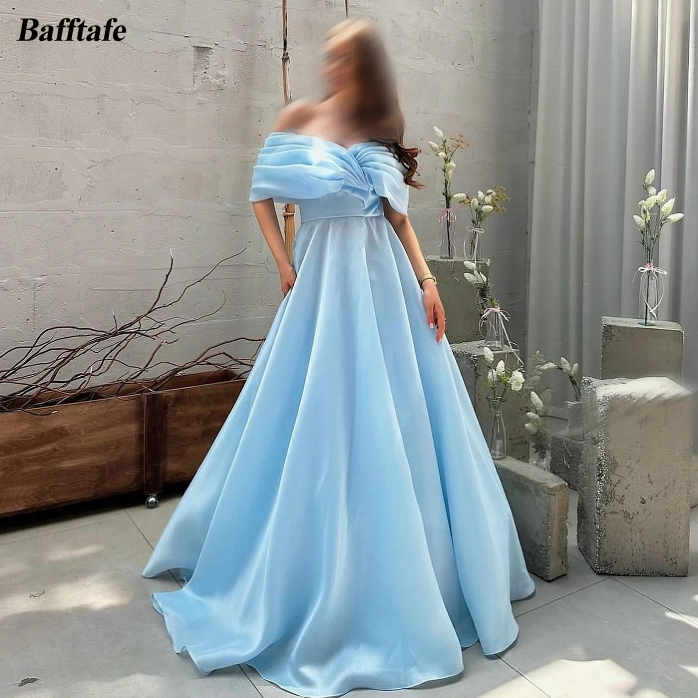 

Bafftafe Customized Blue Organza Women Formal Party Dresses Off The Shoulder Pleats Corset Back Long Prom Evening Gowns