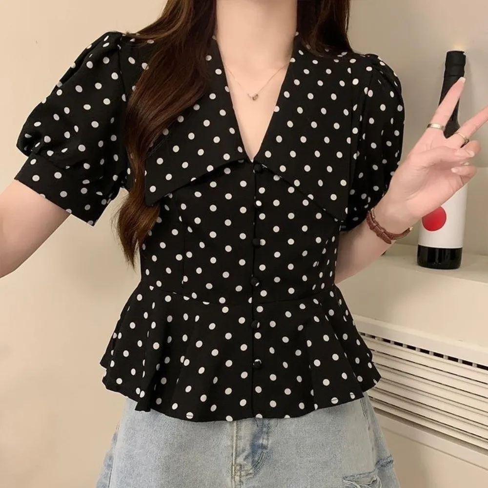 NEW Peter Pan Collar Women's Blouse Retro Summer Polka Dot Shirts Casual Commute Outfit Short Sleeve for Office Ladies