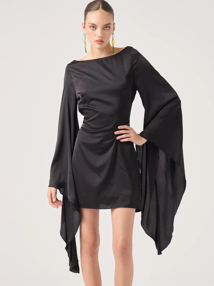 Oniflyme الساتان عارية الذراعين Bodycon فستان قصير المرأة الخريف الصلبة س الرقبة غير النظامية كم طويل سليم فساتين قصيرة أنيقة ملابس الحفلات