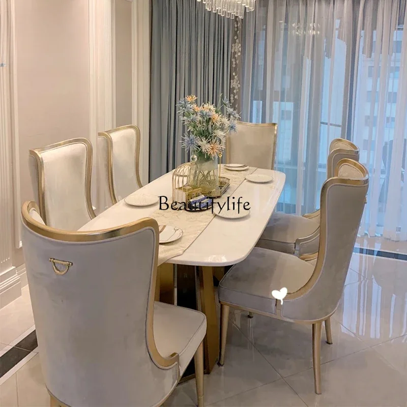 

*Light Luxury Dining Table Solid Wood French Small Apartment Restaurant Dining Tables and Chairs Set Marble