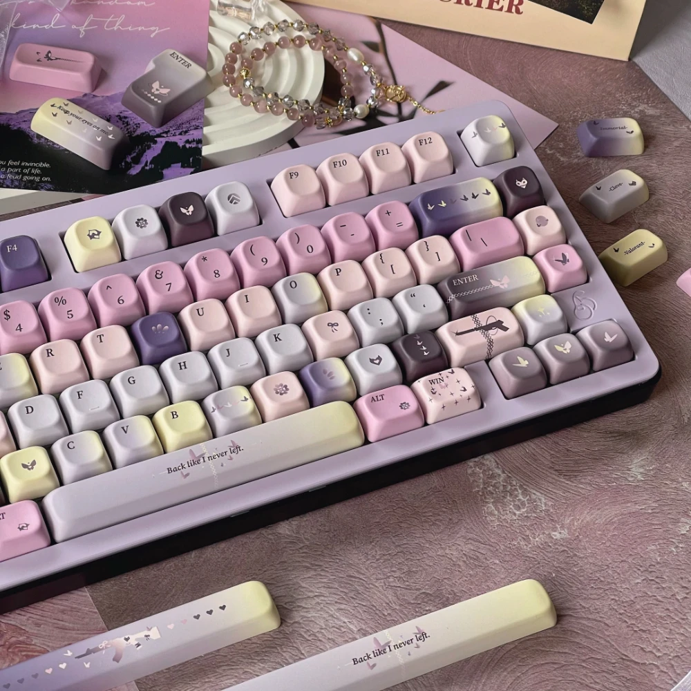 Dreamy Purple Butterfly Keycap 149 Keys SOA Profile PBT Material Five-sided Heat Sublimation Keycaps for DIY Mechanical Keyboard