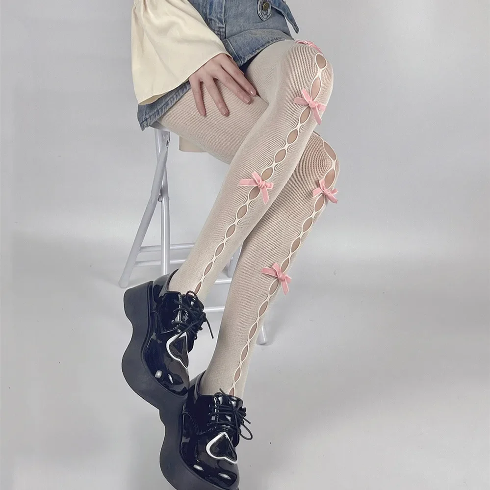 Sexy Spitze Frauen Strumpfhosen Handgemachte Bowknot Aushöhlen Mesh Fishnet Oberschenkel Hohe Strümpfe Frauen JK Lolita Süße Mädchen Enge