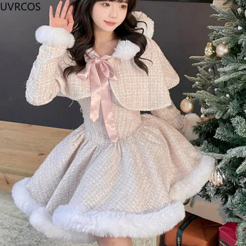 

CyJapanese Style Элегантные твидовые клетчатые комплекты платьев Женские плюшевые шаль с капюшоном Короткие куртки Мини-юбки Kawaii Рождественский Новый год Sui