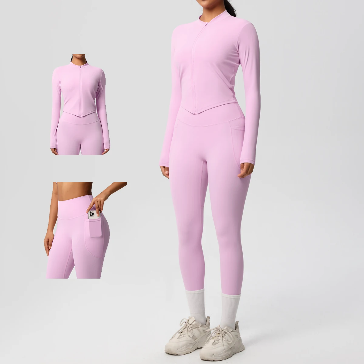 

2PCS Yoga Suit Women Gym Set Leggings With Pocketed Women Tracksuit Running Zipper Workout Sportswear Long Sleeve Sports Shirt